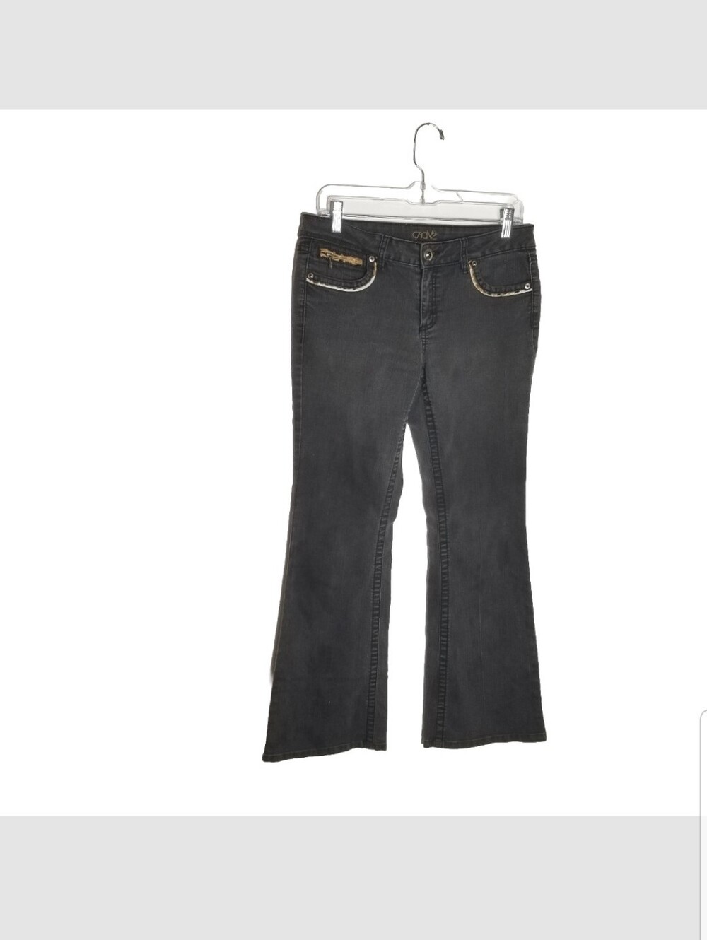 Cache Jeans Women's Size 6 Boot Cut Black Denim Animal Print Pocket Detail
